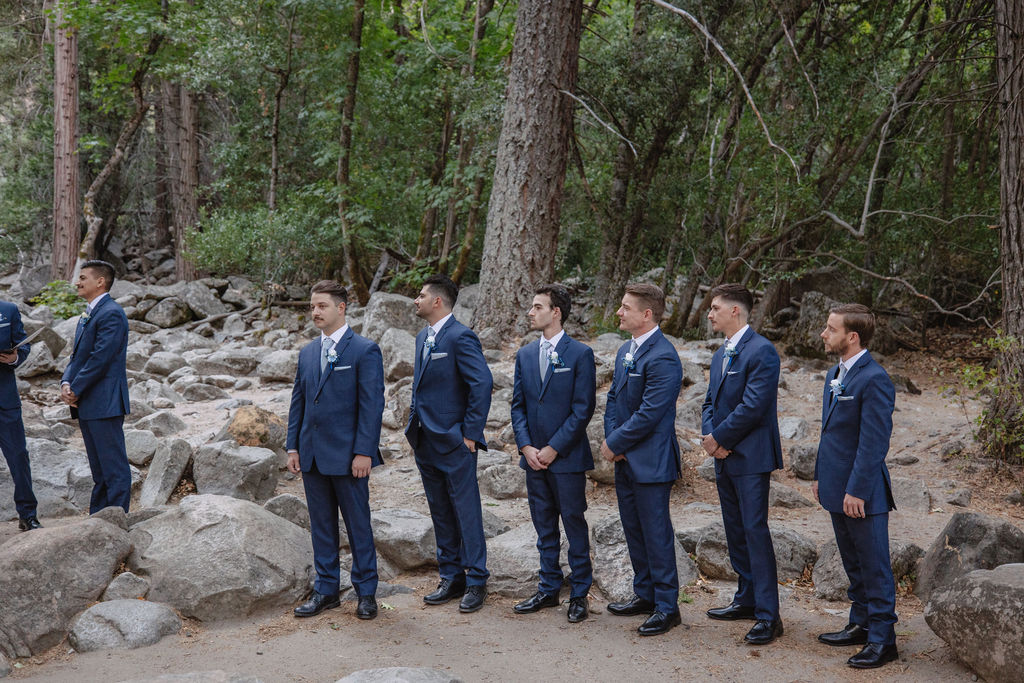 A couple stands in wedding attire on rocky terrain, with an officiant between them. Tall trees and a waterfall cascade in the background for an elopement at bridalveil falls