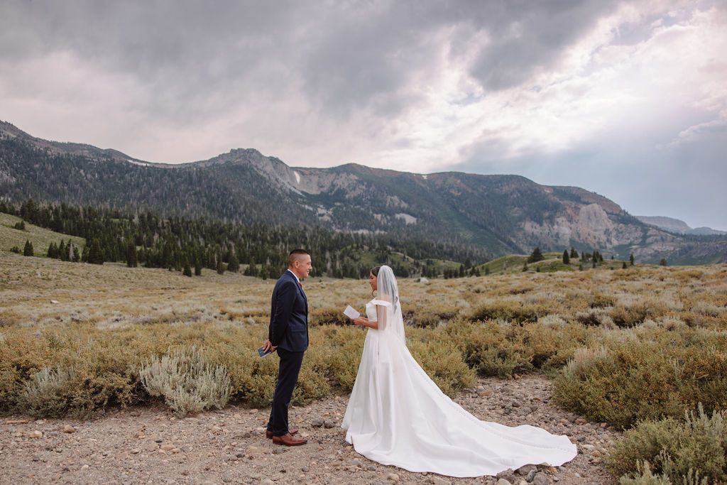 A bride and groom stand in a mountainous landscape, with the bride facing the groom. She wears a white dress and veil, and he is in a dark suit. The sky is cloudy.