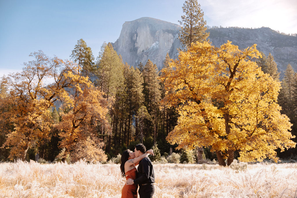 A couple stands in a scenic field with autumn trees and a mountain in the background for yosemite fall photos