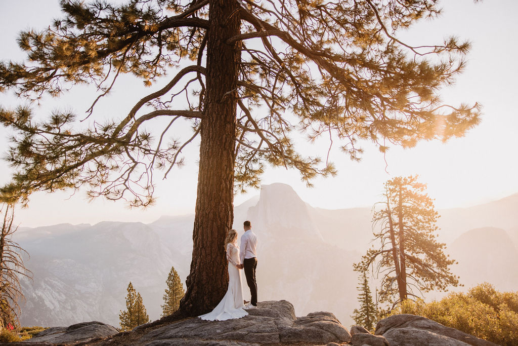 A bride and groom stand under a large tree on a rocky ledge, overlooking a mountainous landscape at sunset.