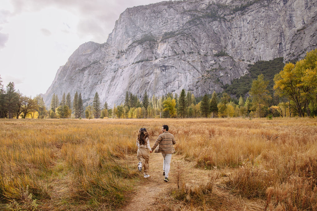 A couple stands in a sunlit field surrounded by trees, looking at each other affectionately. Sunlight creates a warm, golden glow taken by a yosemite proposal photographer