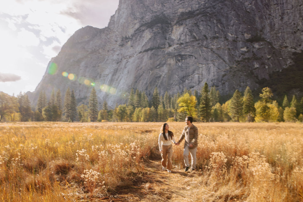 A couple stands in a sunlit field surrounded by trees, looking at each other affectionately. Sunlight creates a warm, golden glow taken by a yosemite proposal photographer