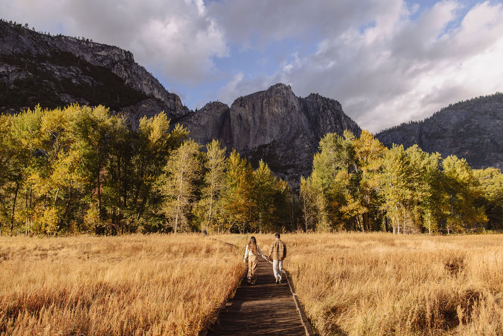 A couple stands in a sunlit field surrounded by trees, looking at each other affectionately. Sunlight creates a warm, golden glow taken by a yosemite proposal photographer