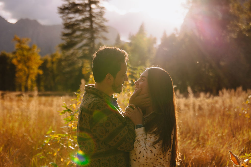 A couple stands in a sunlit field surrounded by trees, looking at each other affectionately. Sunlight creates a warm, golden glow taken by a yosemite proposal photographer