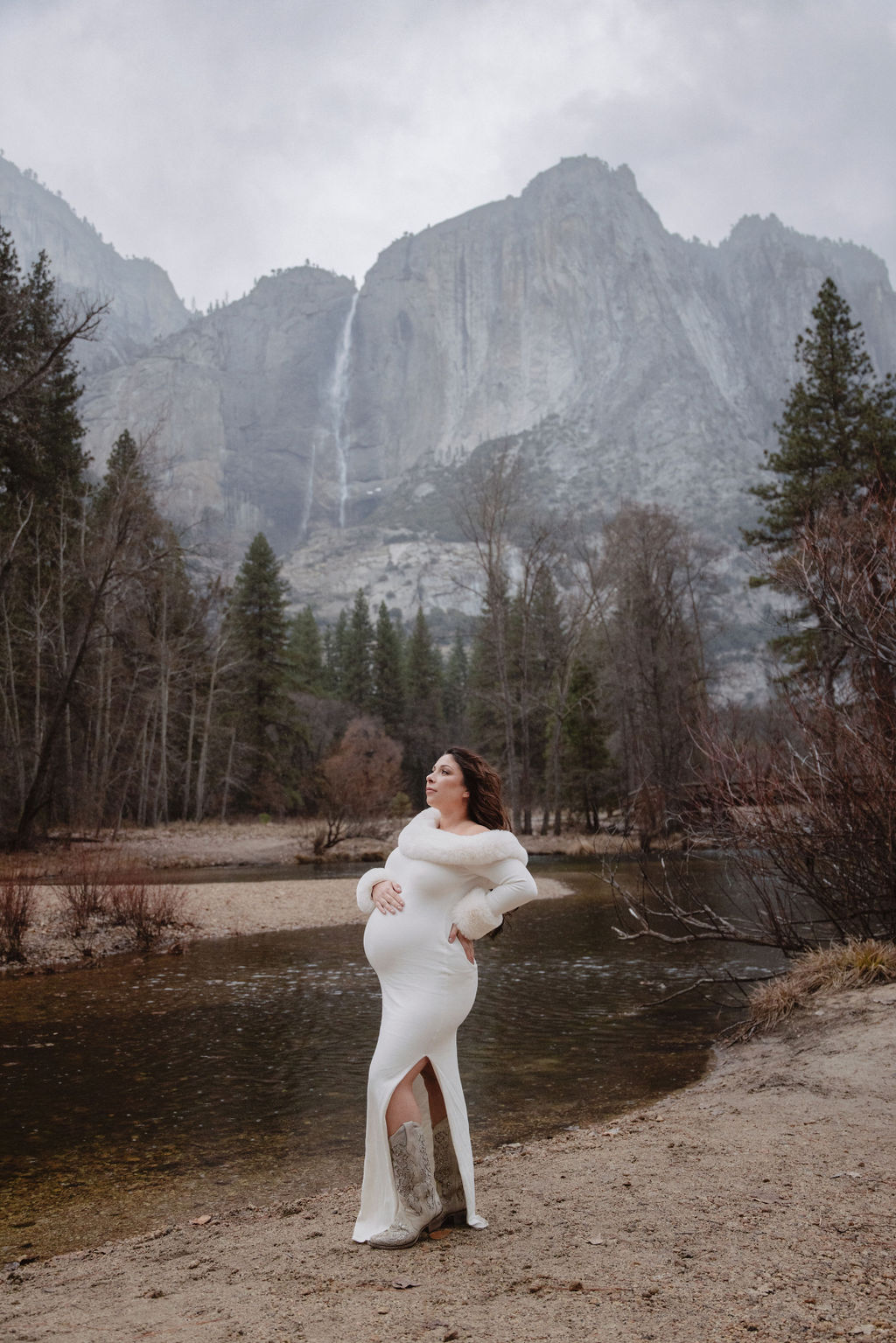 Person in a long dress standing in a natural landscape with trees and mountains in the background, under a cloudy sky.