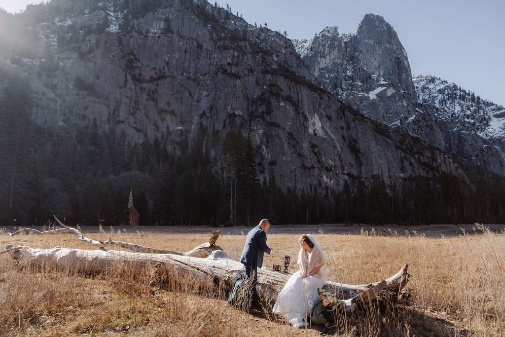A bride and groom stand on a fallen tree trunk in a grassy field with mountains and a small chapel in the background.