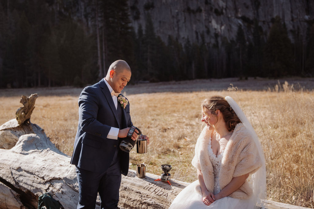 A bride and groom stand on a fallen tree trunk in a grassy field with mountains and a small chapel in the background.