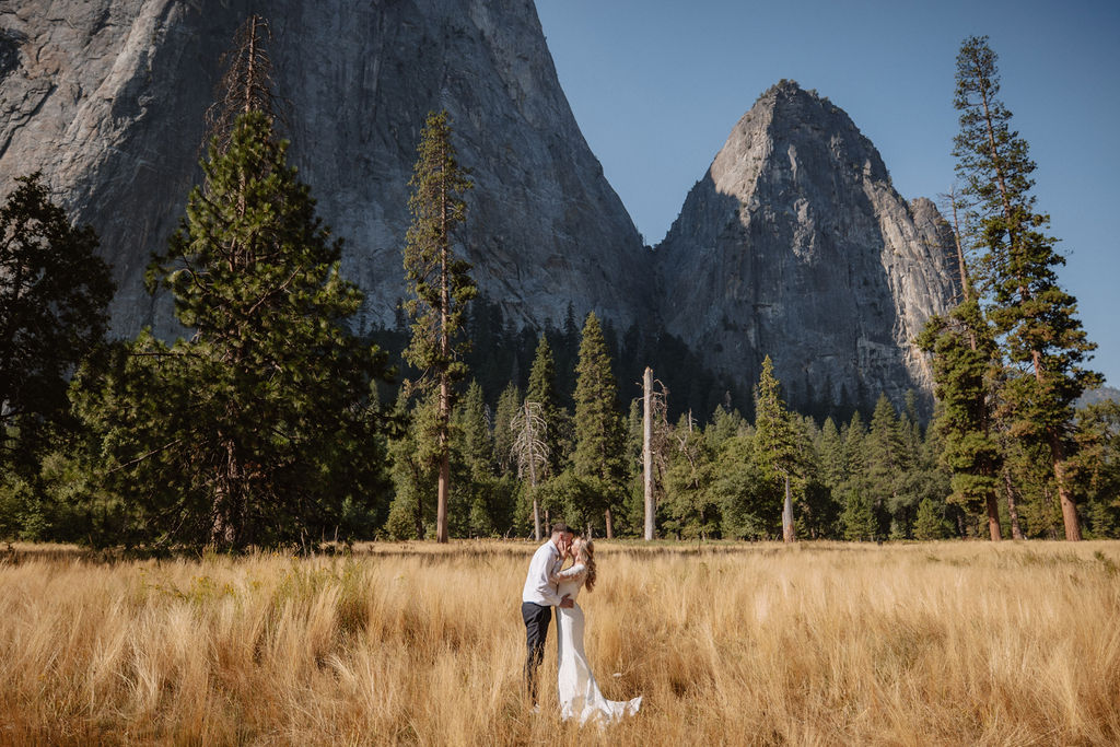 couple stands in a field as they elope in a national park