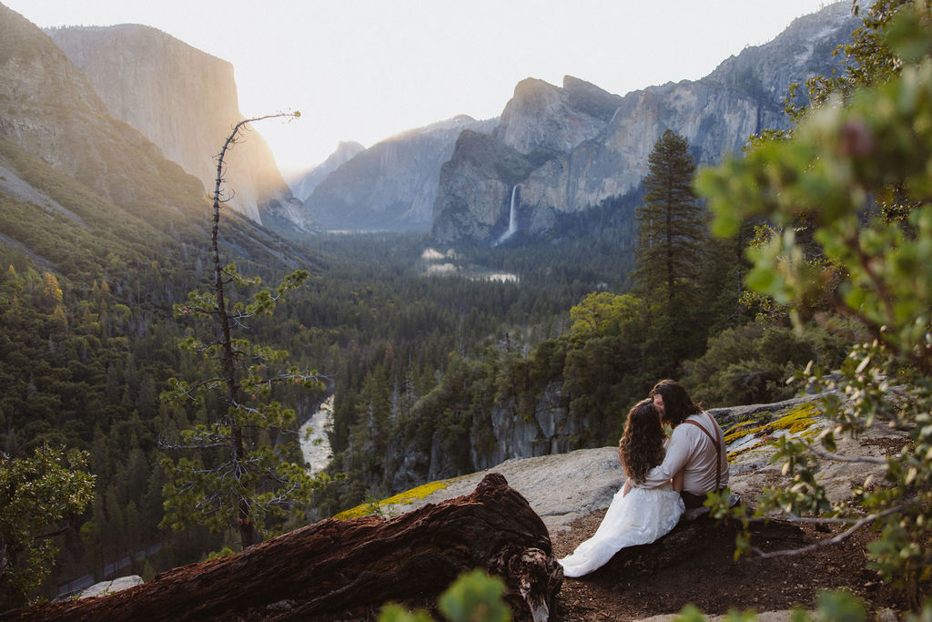 A couple dressed in wedding attire stands on a rocky ledge overlooking a forested valley with mountains and a distant waterfall.