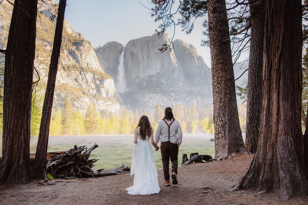 bride and groom take wedding portraits in yosemite national park