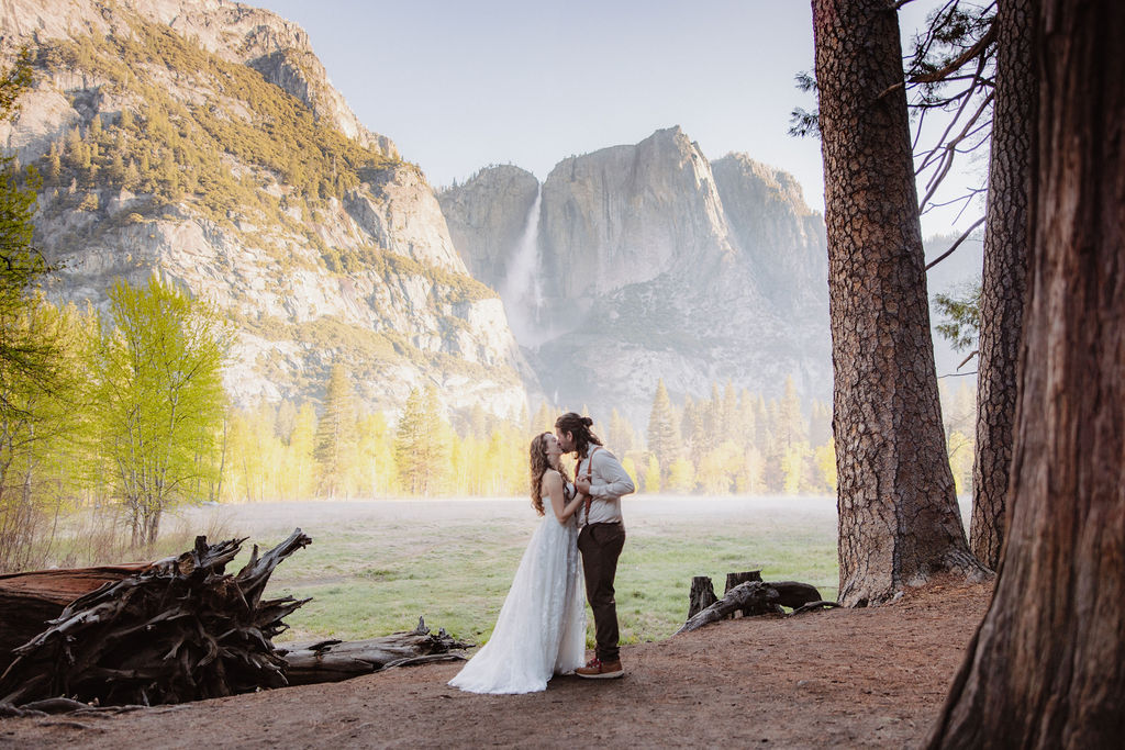 bride and groom take wedding portraits in yosemite national park