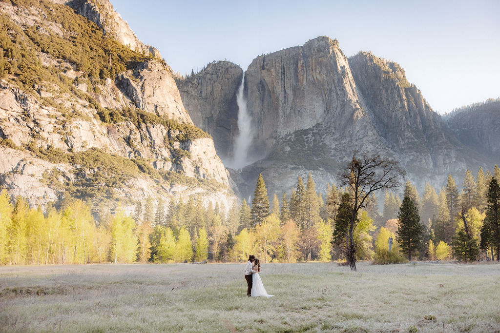 bride and groom take wedding portraits in yosemite national park