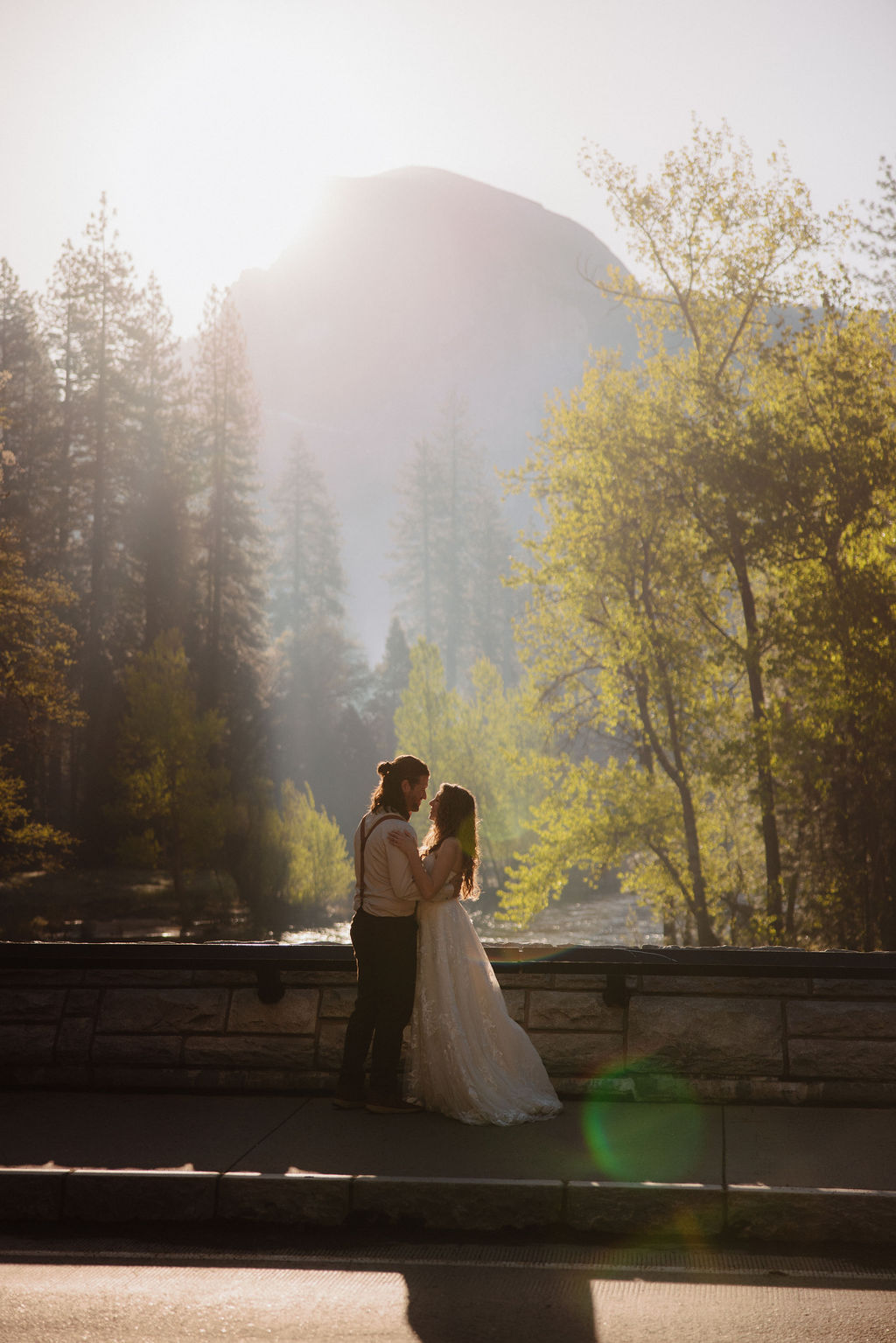 bride and groom take wedding portraits in yosemite national park