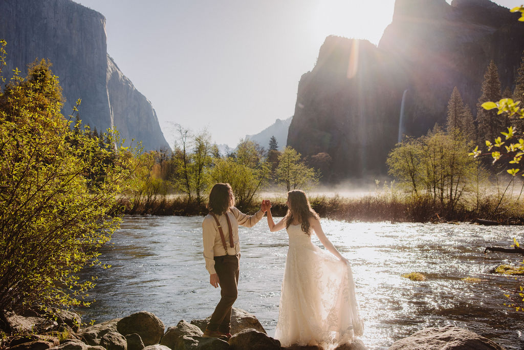 bride and groom take wedding portraits in yosemite national park