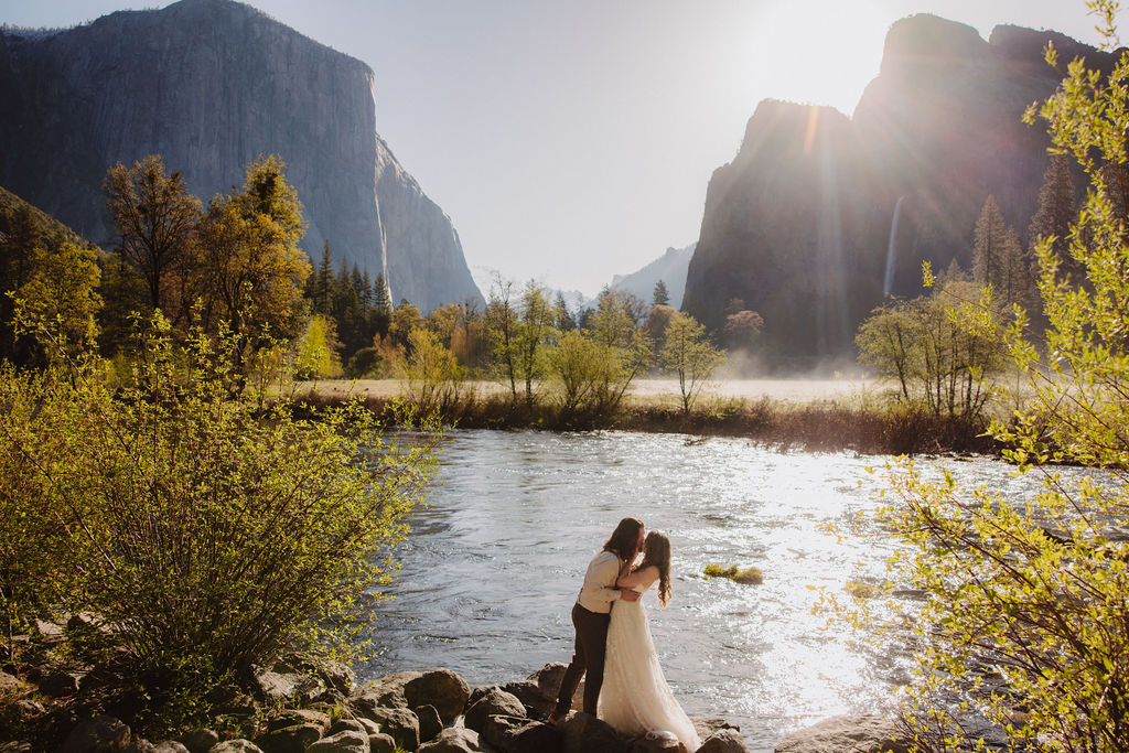 bride and groom take wedding portraits in yosemite national park