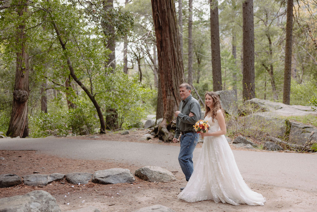 A bride in a white gown walks outdoors on a path beside an older man, surrounded by trees and rocks in a forest setting.