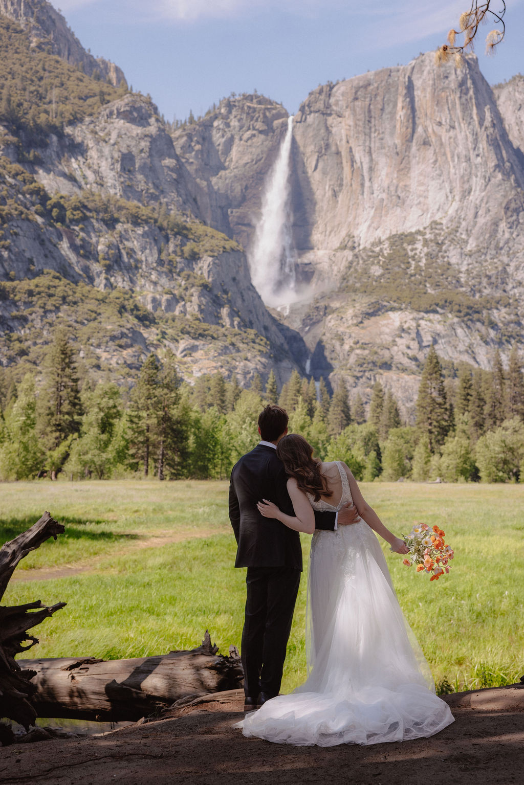 A bride and groom stand hand in hand, facing a green meadow with a tall waterfall and rocky cliffs in the background for a last minute elopement in Yosemite