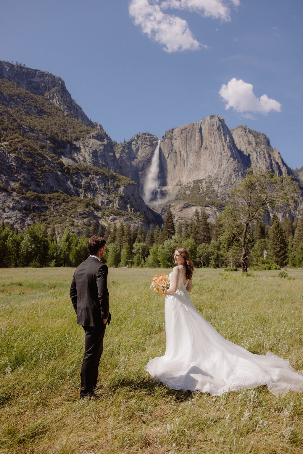 A bride and groom hold hands while walking in a grassy field, with mountains, trees, and a waterfall visible in the background under a partly cloudy sky.