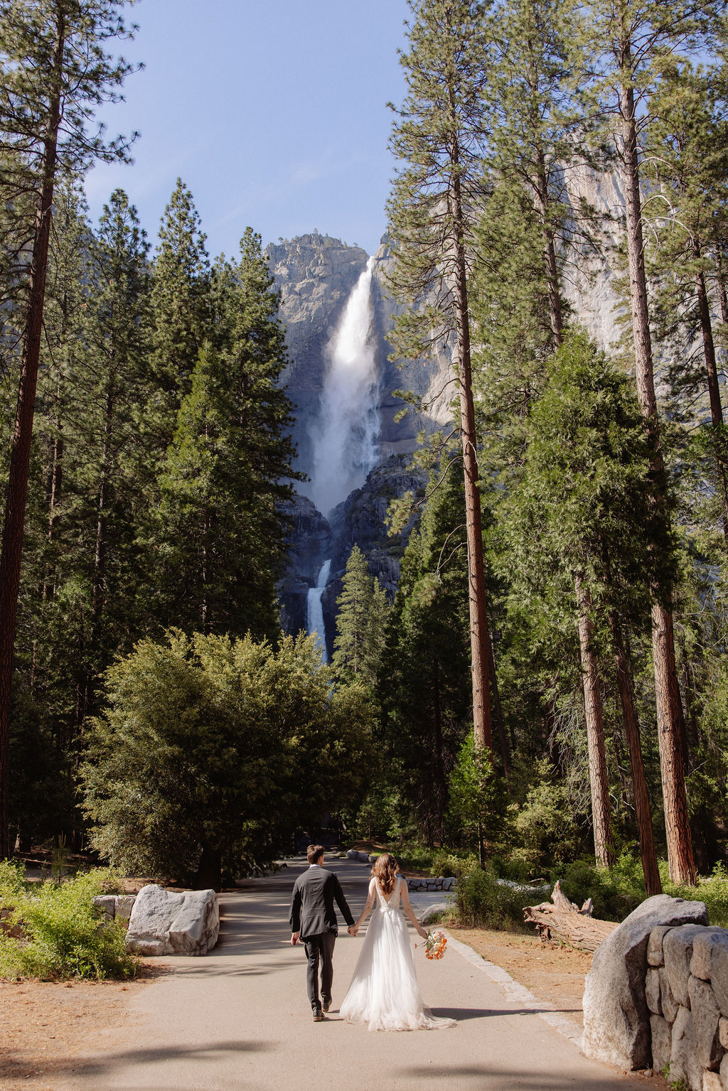 A bride and groom stand on a path surrounded by tall trees with a large waterfall cascading down a mountain in the background.