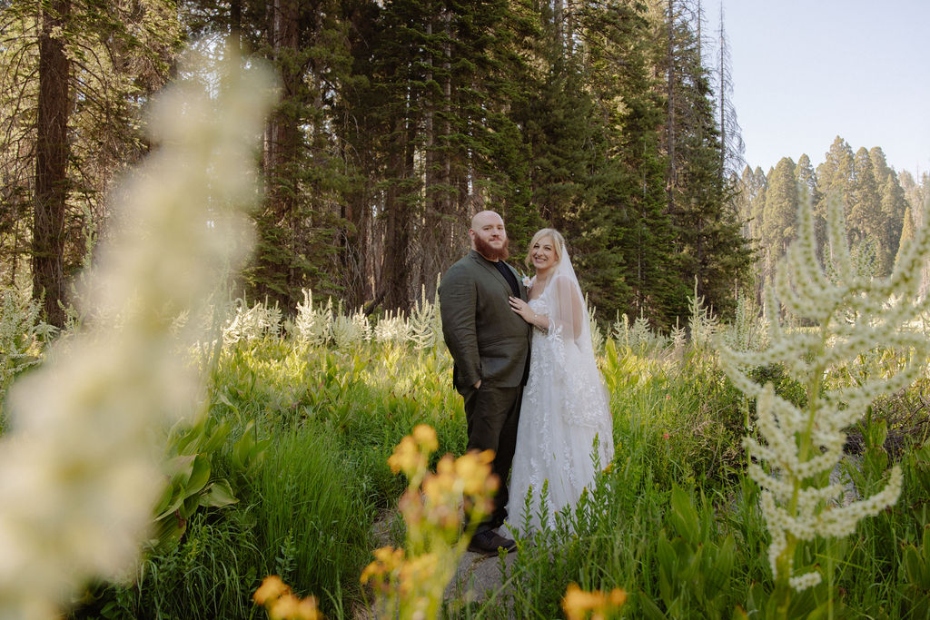 A bride in a white dress and veil is lifted and kissed by a groom in a suit in a forested, grassy area.