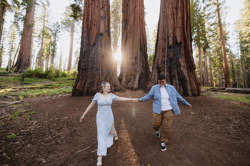 Two people stand between giant sequoia trees in a forest, surrounded by green foliage and tall tree trunks in the background for their Sequoia National Park Engagement Photos