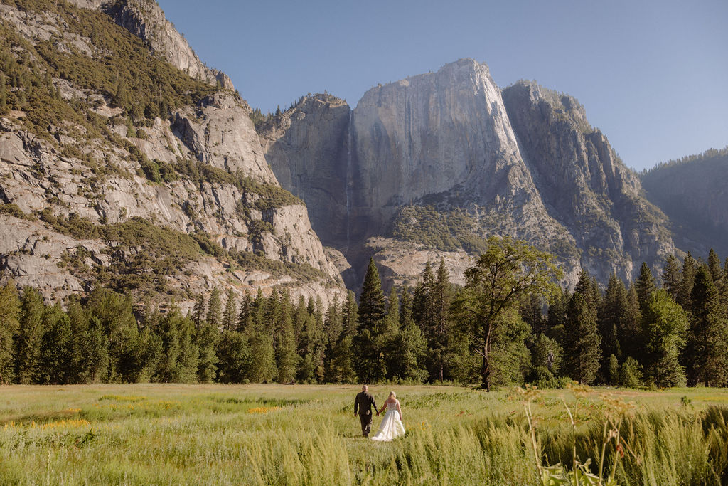 A couple in wedding attire walks through a grassy field with tall pine trees and a large rocky mountain in the background under a clear sky.