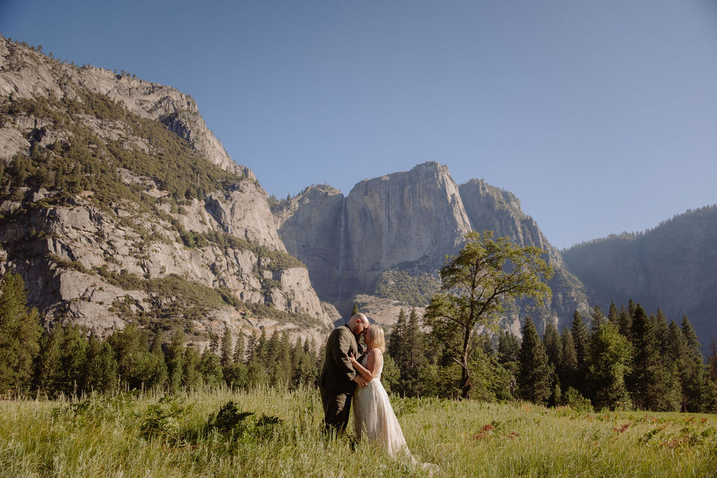 A couple in wedding attire walks through a grassy field with tall pine trees and a large rocky mountain in the background under a clear sky.