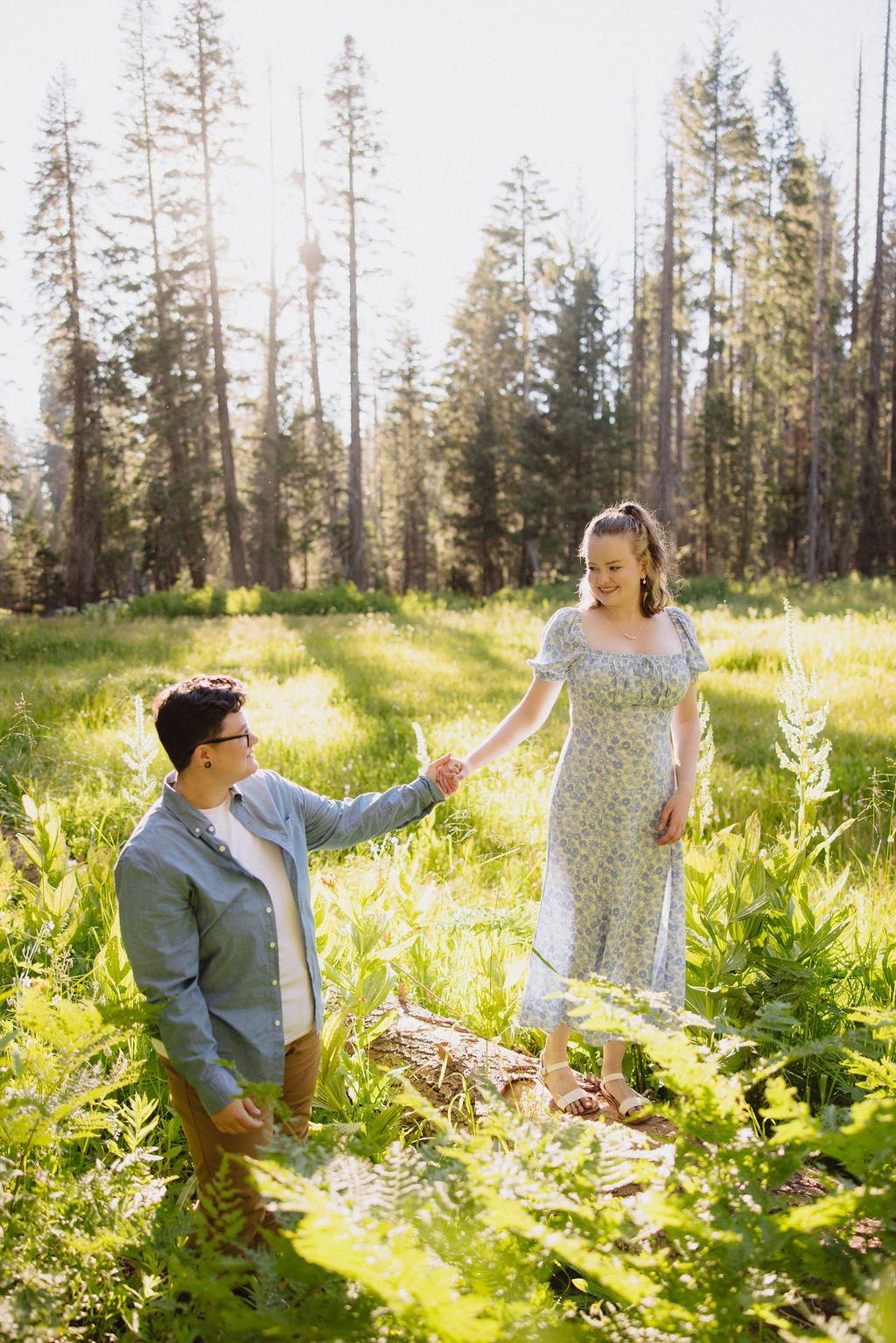 Two people stand in a sunlit forest clearing; one is helping the other step down from a log as they hold hands among tall green plants.