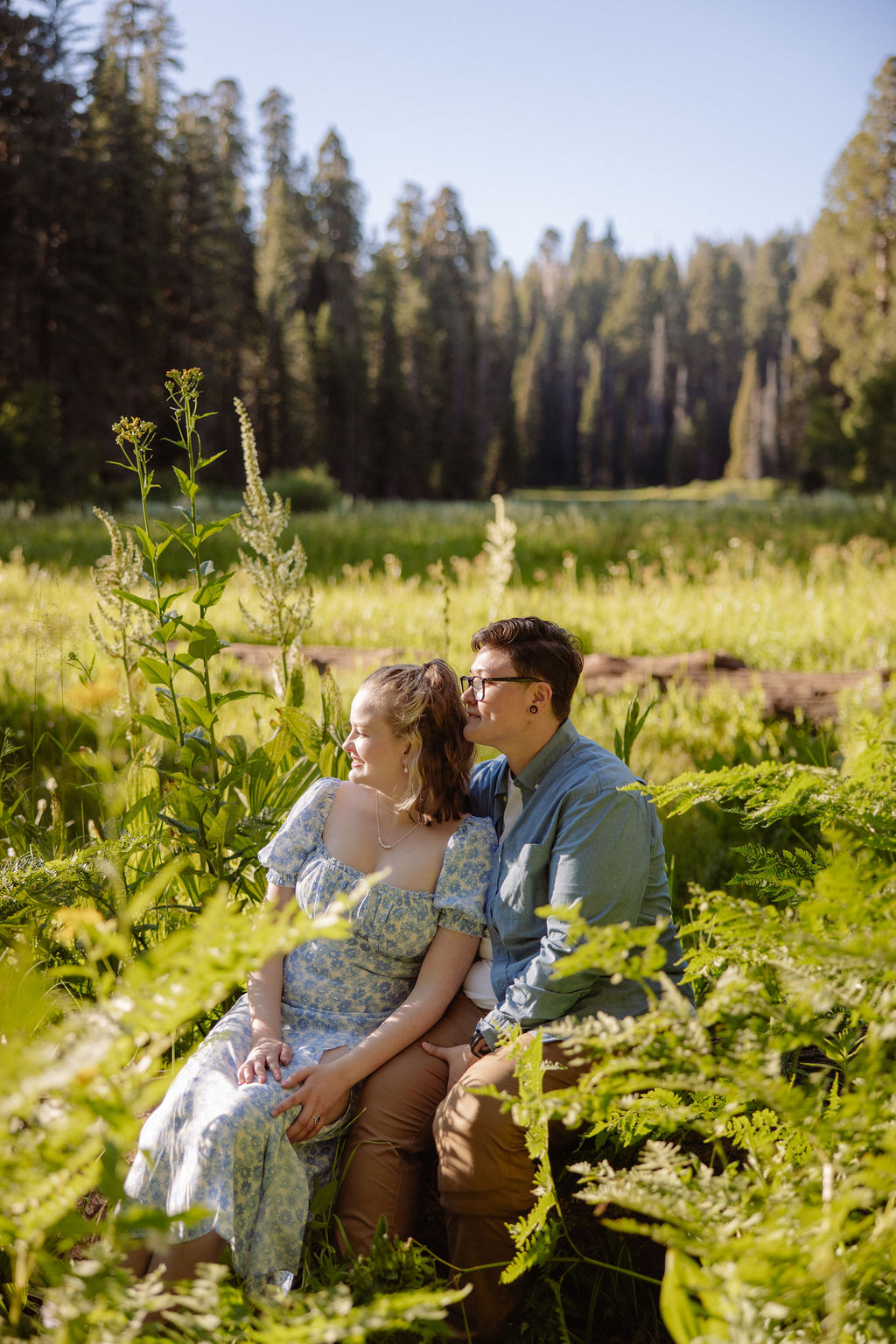 Two people stand in a sunlit forest clearing; one is helping the other step down from a log as they hold hands among tall green plants.