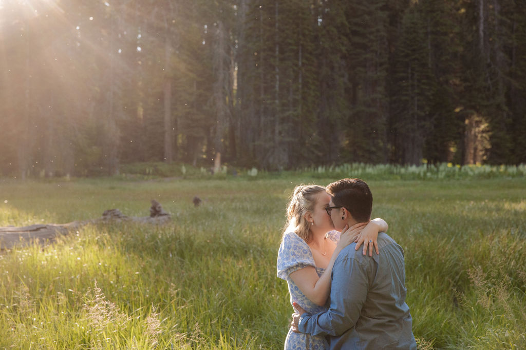 Two people embrace and kiss in a grassy field with sunlight streaming through trees in the background for their Sequoia National Park Engagement Photos