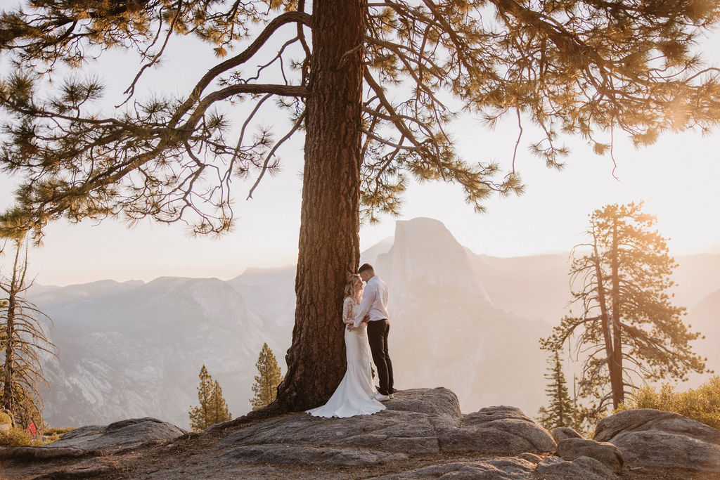 A bride and groom stand under a large tree on a rocky overlook with mountains, trees, and soft sunlight in the background.