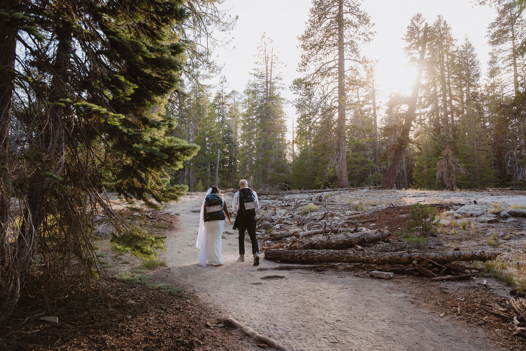 Two people walk on a dirt trail through a forested area with sunlight filtering through tall trees for their glacier point elopement 