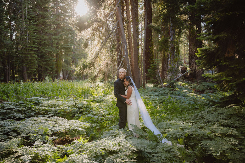 A bride and groom stand embracing in a sunlit forest clearing, surrounded by tall trees and lush green foliage.