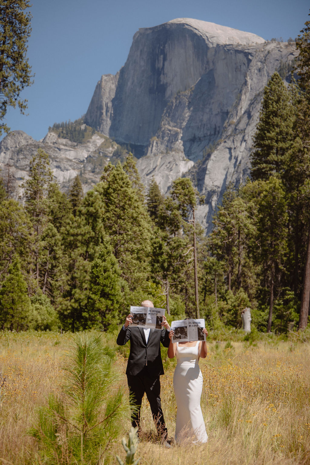 A man in a suit and a woman in a white dress stand in a meadow holding newspapers in front of their faces, with a large rocky mountain in the background.