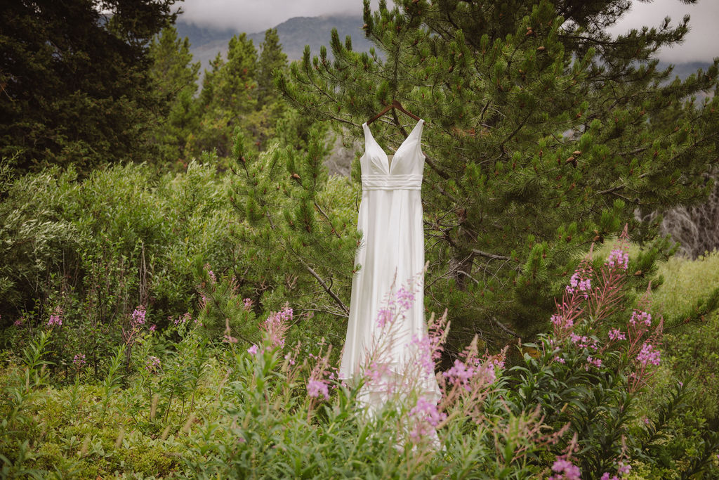 A white sleeveless wedding dress hangs on a tree branch in a lush, green outdoor setting with wildflowers and pine trees.