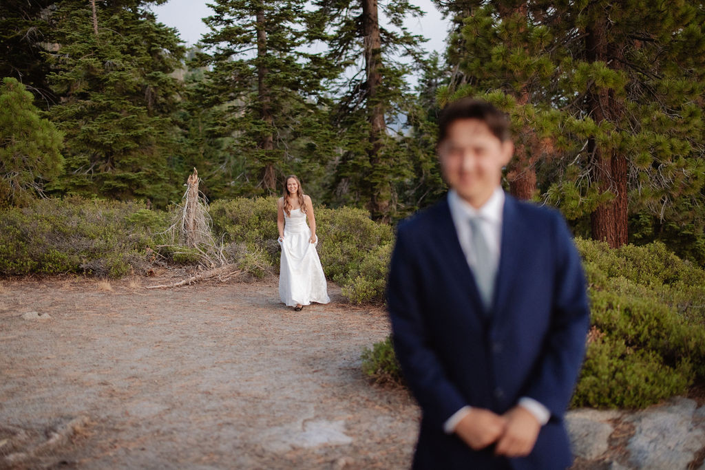 A bride in a white dress stands beside a groom in a suit on a rocky ledge, with mountains and trees in the background for a wedding at glacier point