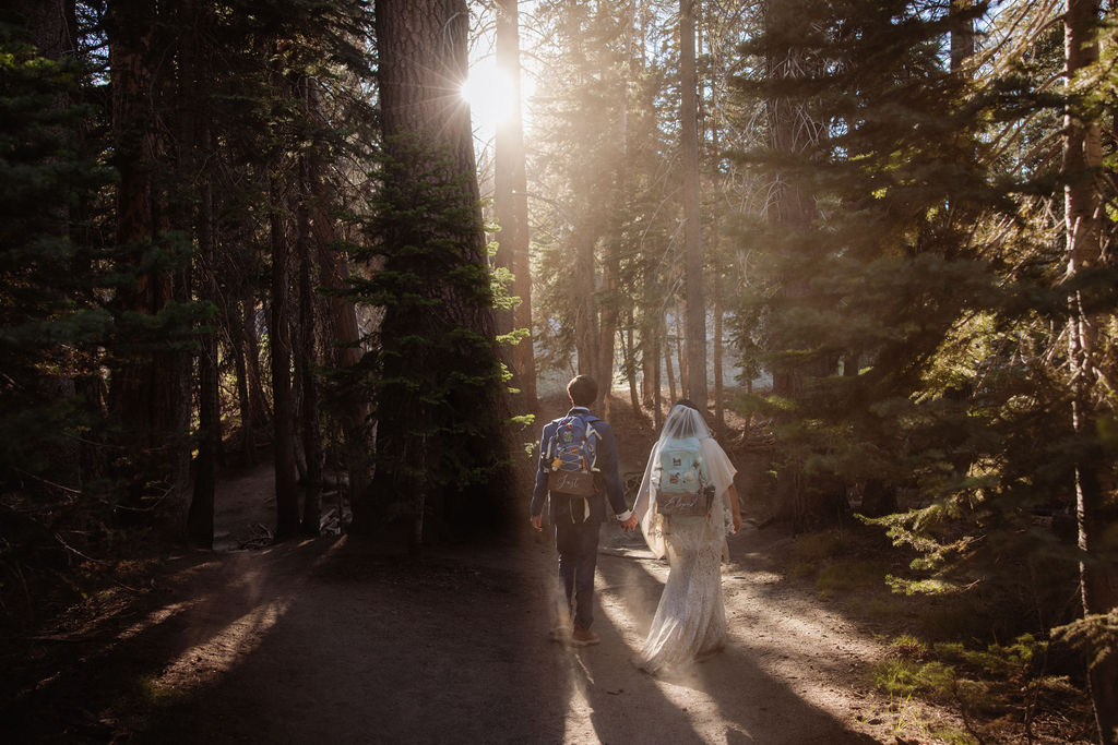 A bride and groom wearing backpacks and holding hands walk on a forest trail, with a "Just Married" sign on the bride's backpack.