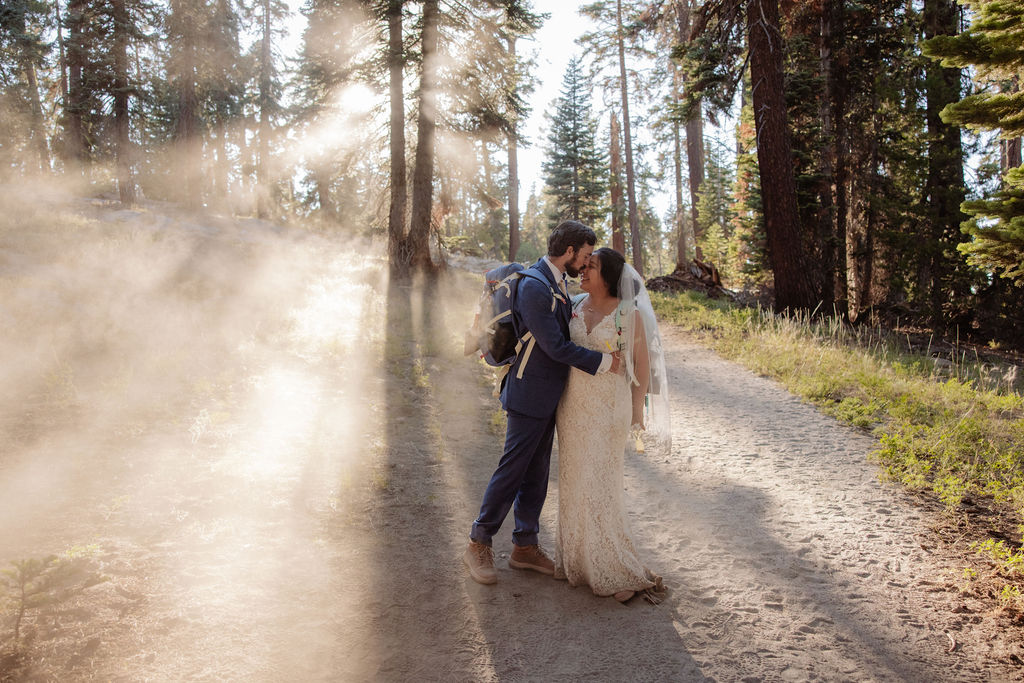 A bride and groom embrace on a sunlit forest path, with rays of light shining through the trees.