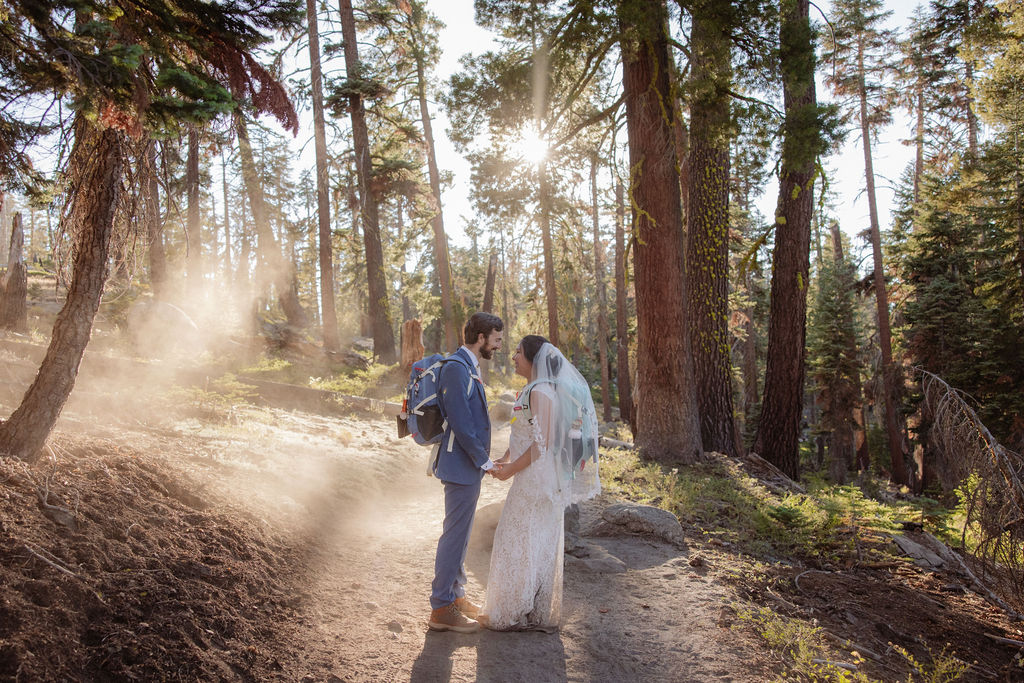 A bride and groom embrace on a sunlit forest path, with rays of light shining through the trees.