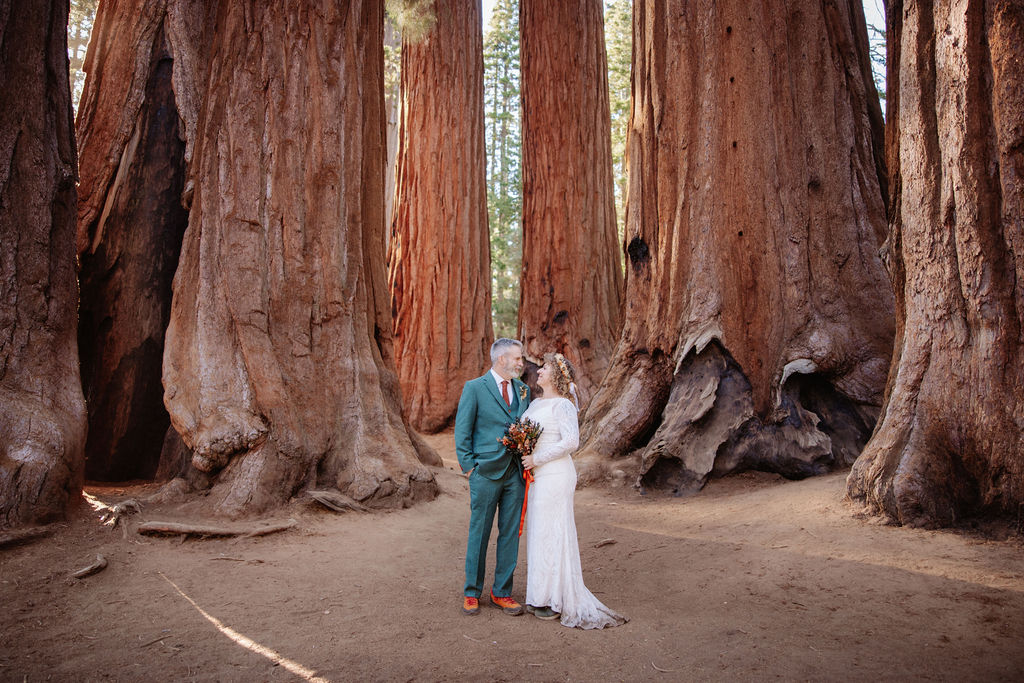 A couple dressed in formal wedding attire stands together at the base of large redwood trees in a forest taken by sequoia elopement photographer