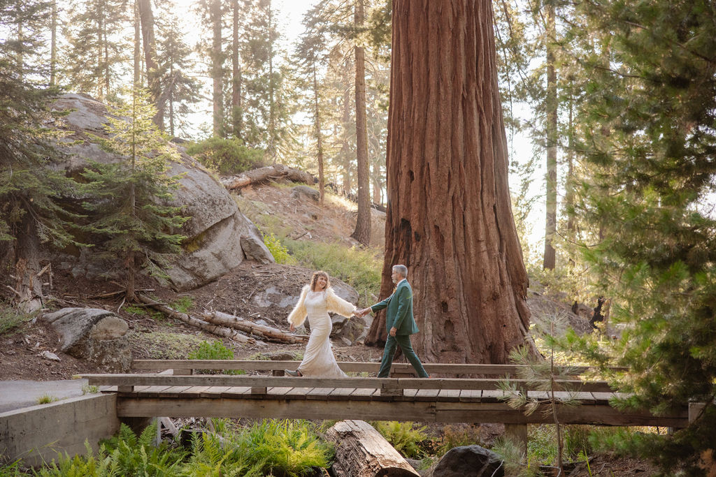 A couple in wedding attire walks hand in hand across a wooden bridge in a forest with tall trees and sunlight filtering through.