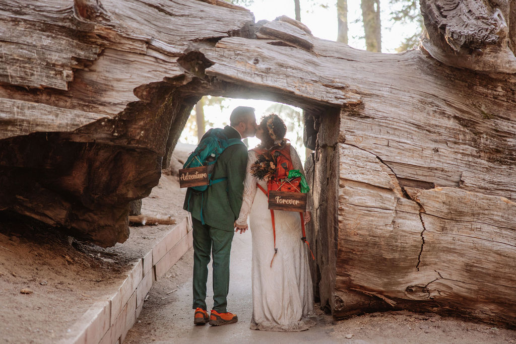 A couple dressed in wedding attire, holding hands and walking on a forest path with backpacks that say "Just Married.