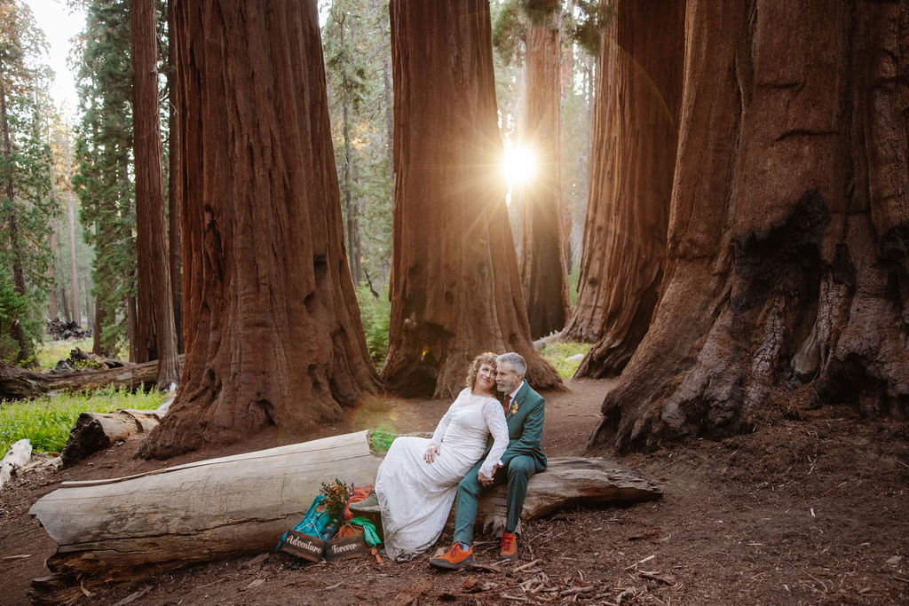 A couple stands embraced on a forest path between towering redwood trees taken by a sequoia elopement photographer