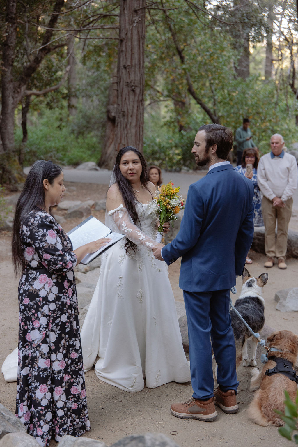 A bride and groom stand facing each other holding hands during an outdoor wedding ceremony, with an officiant reading from a book. Guests and two dogs are present in the background for a wedding at Yosemite