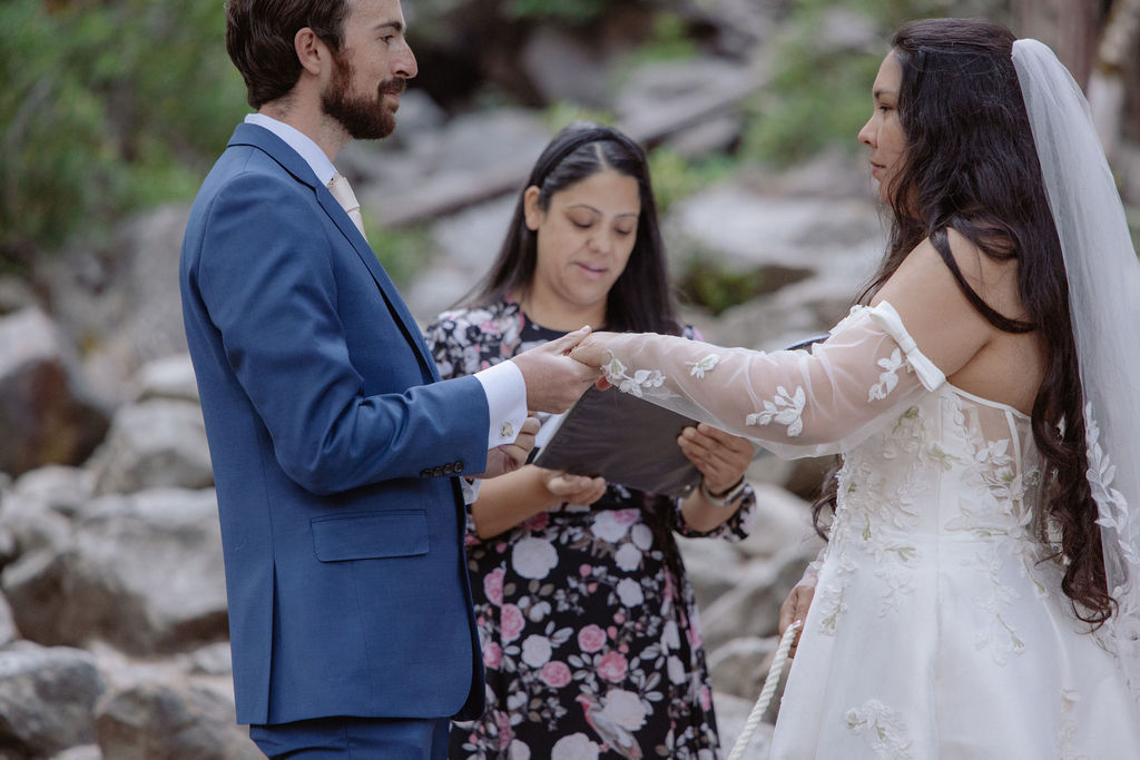 A bride and groom stand facing each other holding hands during an outdoor wedding ceremony, with an officiant reading from a book. Guests and two dogs are present in the background for a wedding at Yosemite