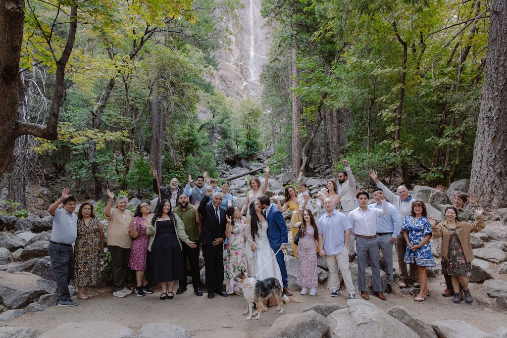 A bride and groom stand facing each other holding hands during an outdoor wedding ceremony, with an officiant reading from a book. Guests and two dogs are present in the background for a wedding at Yosemite