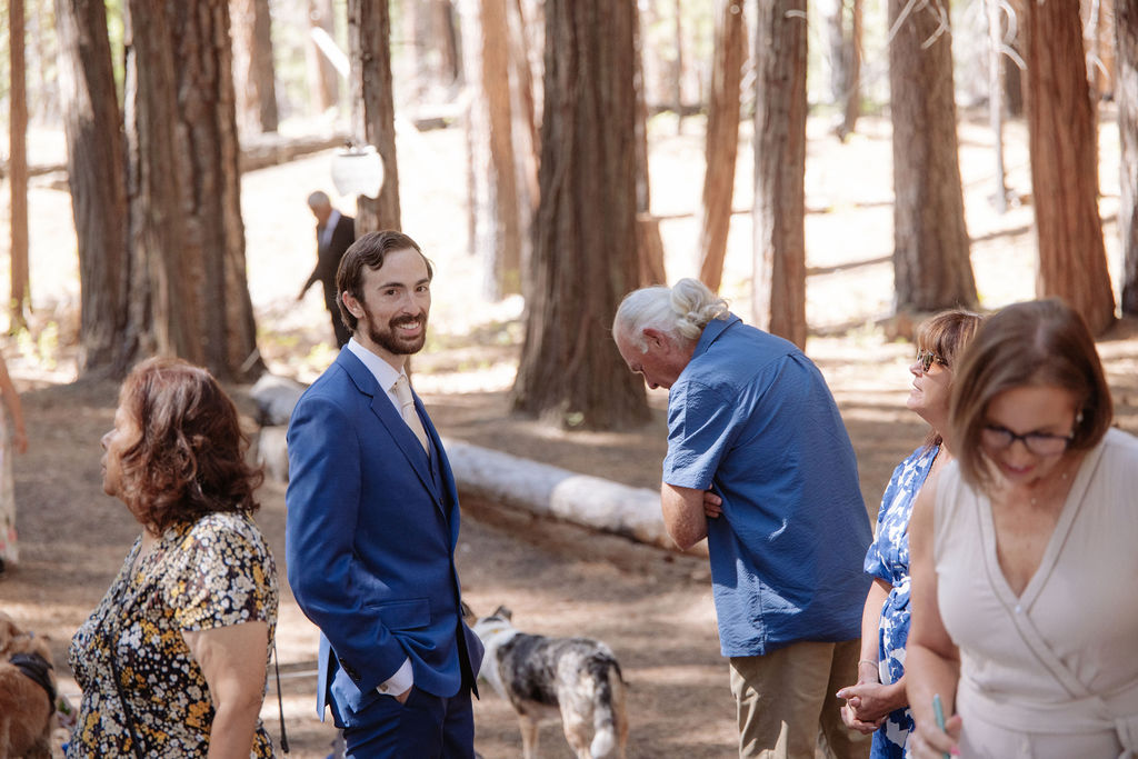 A group of people stand in a wooded outdoor area, some holding phones or cameras and watching something off-frame.