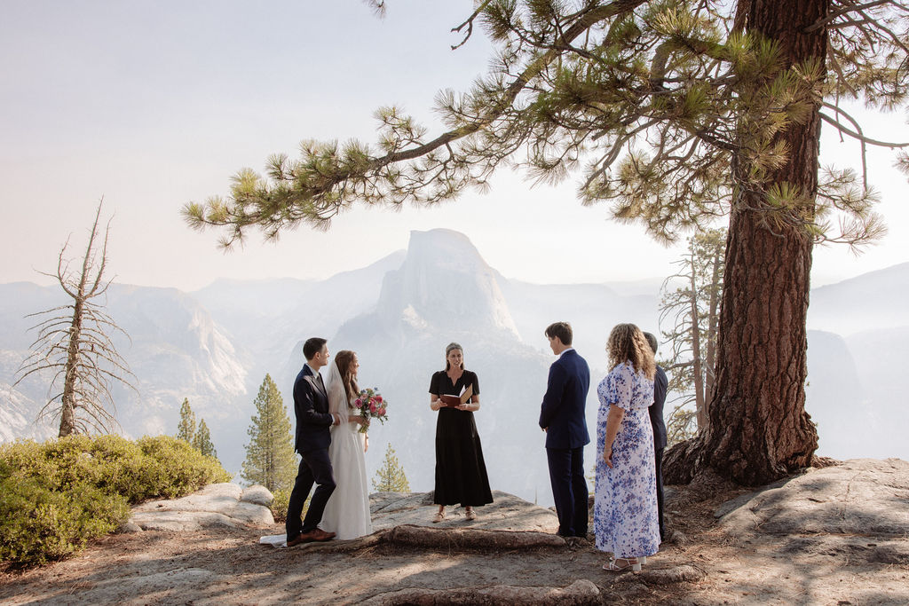A small group stands under a tree during an outdoor wedding ceremony with mountains and trees in the background.