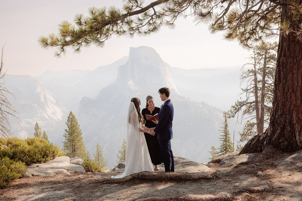 A bride and groom stand with an officiant under a large tree, exchanging vows outdoors with mountains and pine trees in the background.