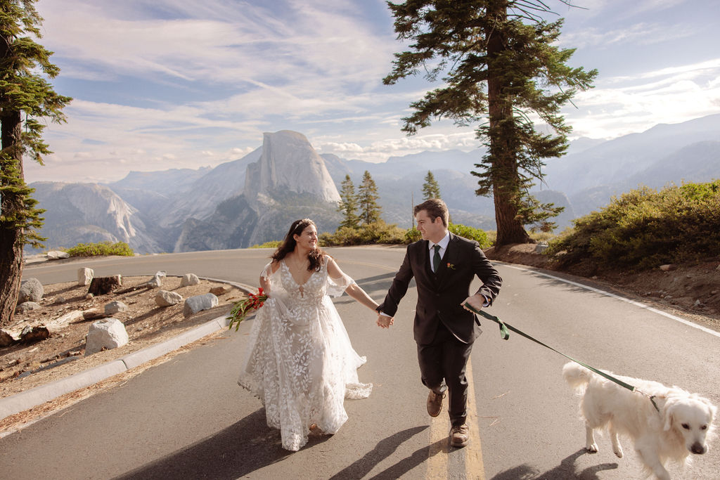 A bride and groom walk down a road lined with tall trees, accompanied by a white dog.